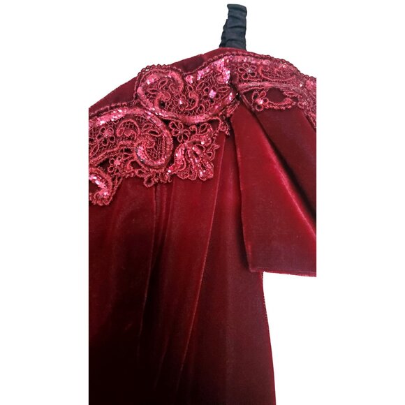 VTG Velvet Burgundy Red Off Shoulder Gown Glitter Lace Neckline 90's Size 5 - Picture 3 of 8